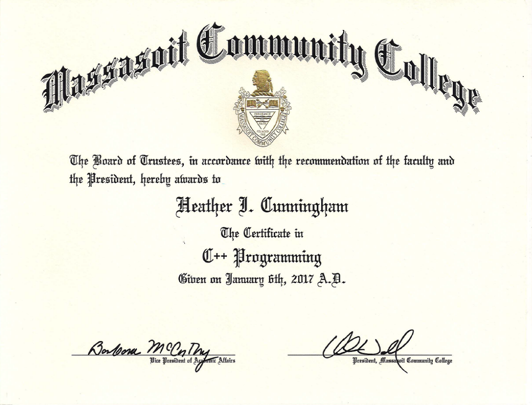 C++ Certification | Heather Irene Cunningham's